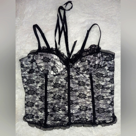 coquette Tops - Vintage Y2K Coquette Lace-Up Corset Top L Black Lace Lingerie Bustier whimsygoth
